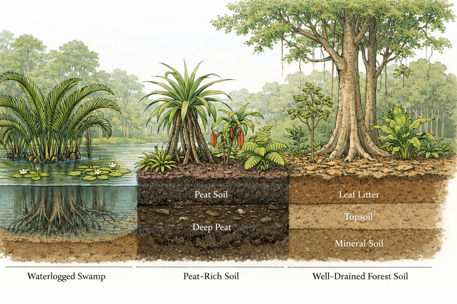 Different soil and water conditions in tropical landscapes, including flooded ground and dry forest soil